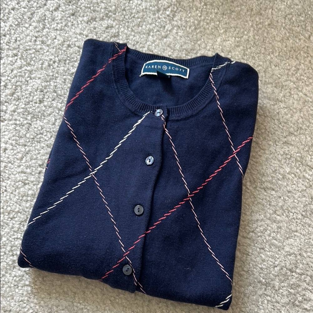 Karen Scott Navy Cardigan with Red and White Accents